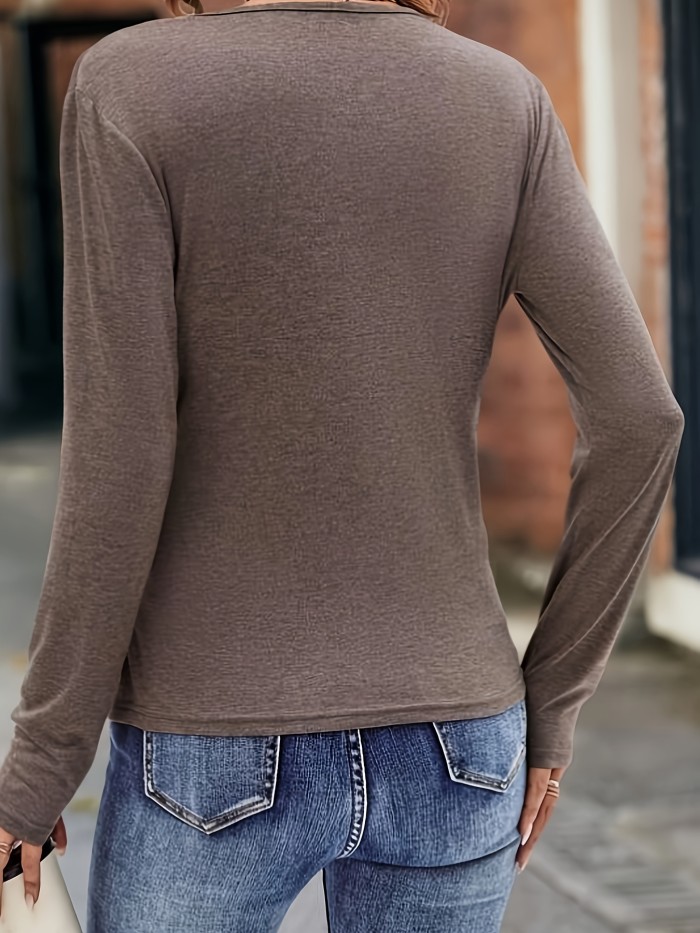 Solid Ruched Surplice Neck T-Shirt, Casual Long Sleeve Top For Spring & Fall, Women's Clothing