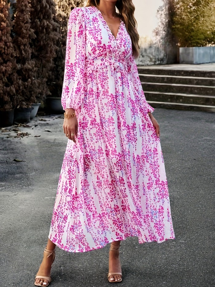 Floral Print Maxi Dress, Casual V Neck Long Sleeve Dress, Women's Clothing