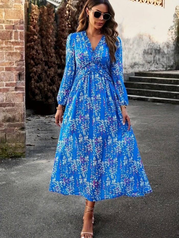Floral Print Maxi Dress, Casual V Neck Long Sleeve Dress, Women's Clothing