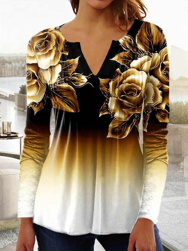 Floral Print Notch Neck T-Shirt, Casual Long Sleeve Top For Spring & Fall, Women's Clothing