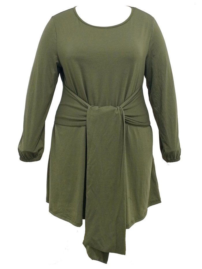 Plus Size Casual Dress, Women's Plus Solid Knot Front Long Sleeve Round Neck Dress