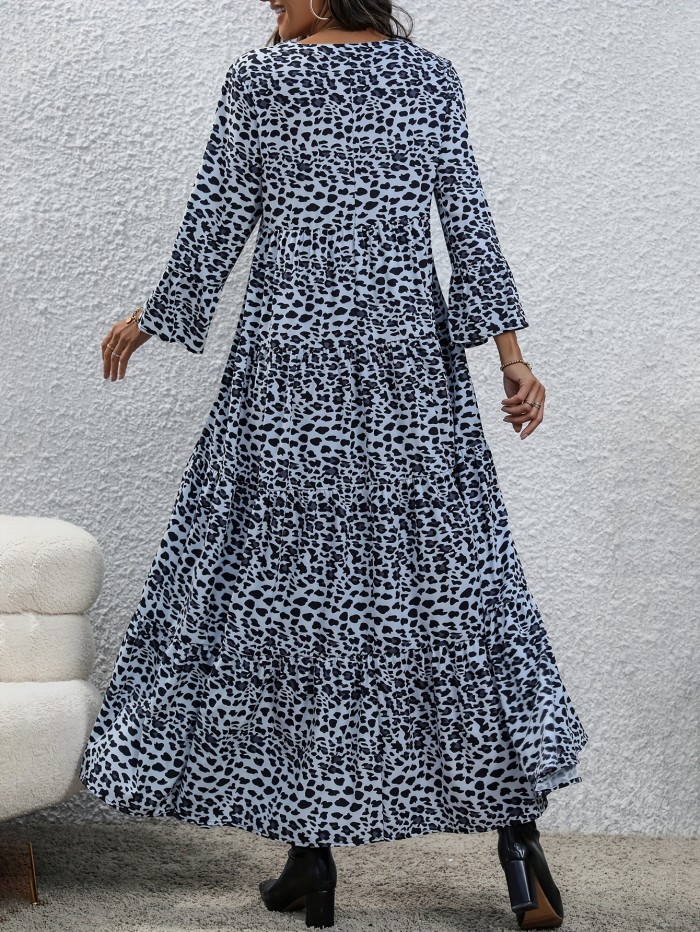 Leopard Print V Neck Dress, Elegant Long Sleeve Dress For Spring, Women's Clothing