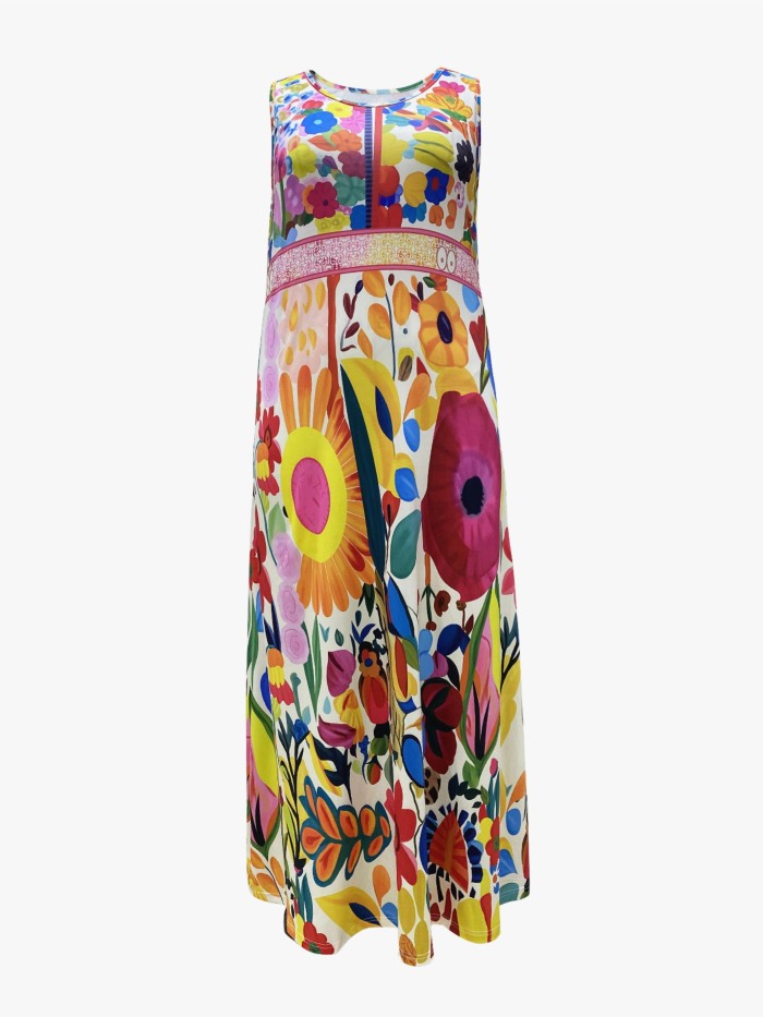 Plus Size Casual Tank Dress, Women's Plus Floral Print Round Neck Loose Fit Maxi Tank Dress