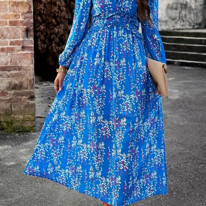 Floral Print Maxi Dress, Casual V Neck Long Sleeve Dress, Women's Clothing