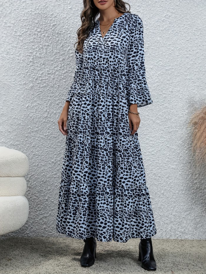 Leopard Print V Neck Dress, Elegant Long Sleeve Dress For Spring, Women's Clothing