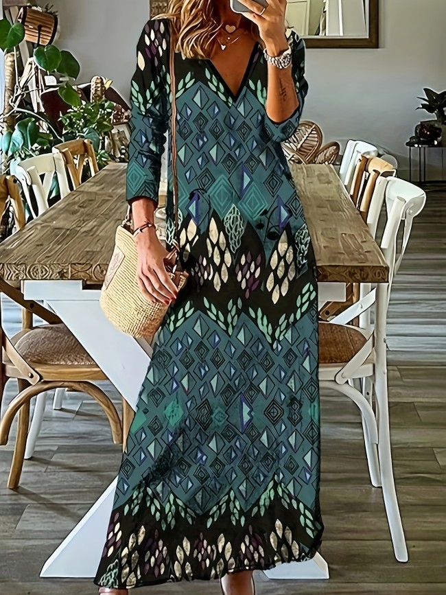 Plus Size Casual Dress, Women's Plus Geometric Print Long Sleeve V Neck Maxi Dress