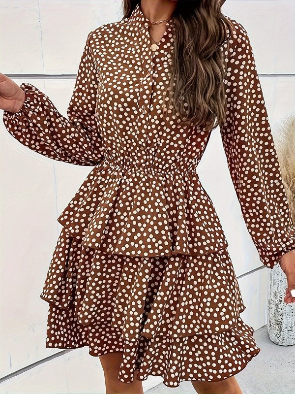 Polka Dot Print Lantern Sleeve Dress, Casual Notch Neck Tiered Dress For Spring & Fall, Women's Clothing