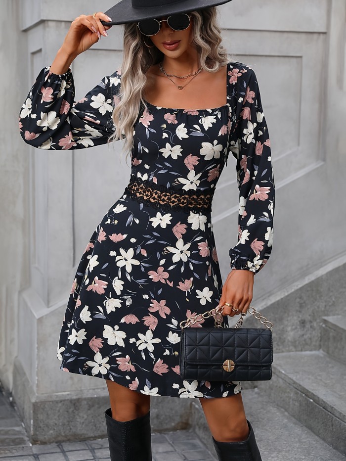 Floral Print Square Neck Dress, Casual Long Sleeve Dress For Spring, Women's Clothing