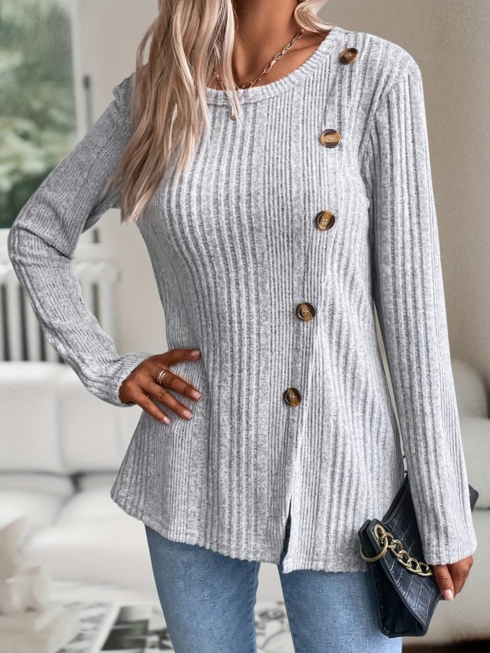 Ribbed Button Decor Crew Neck T-Shirt, Elegant Long Sleeve Top For Spring & Fall, Women's Clothing