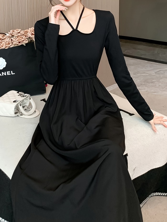 Tie Back Solid Maxi Dress, Casual Long Sleeve High Waist Dress, Women's Clothing