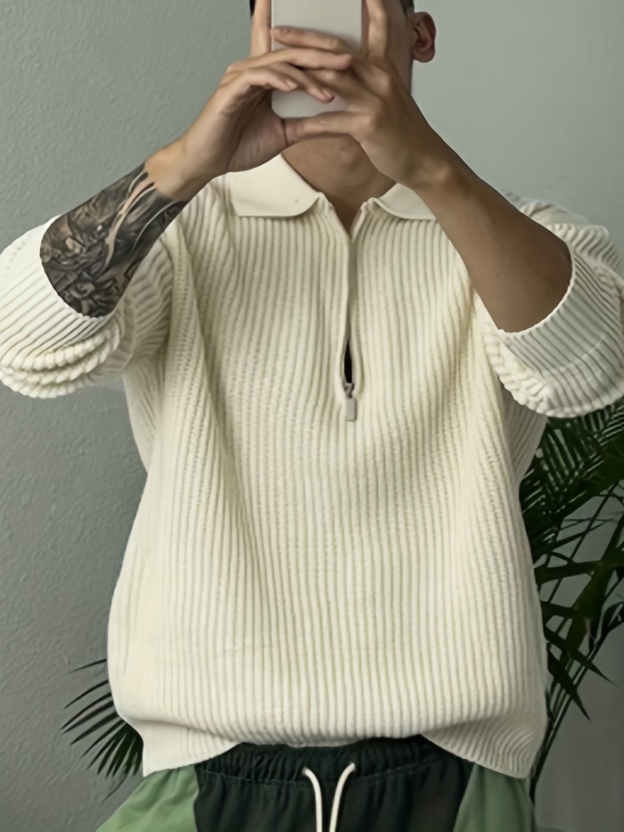 Retro Knitted Cable Sweater, Men's Casual Warm Slightly Stretch LapelPullover Sweater For Men Fall Winter