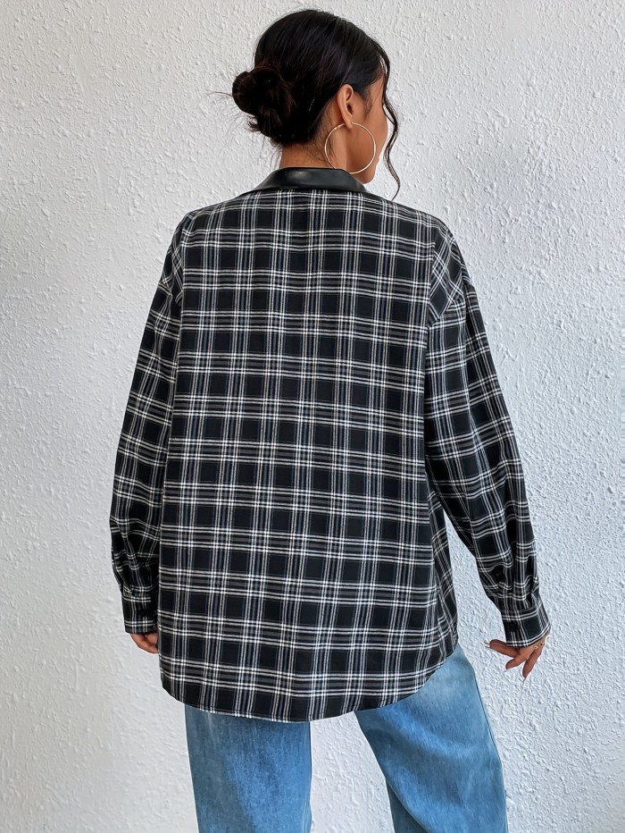 Print Faux Leather Splicing Shirt, Casual Button Front Long Sleeve Top For Spring & Fall