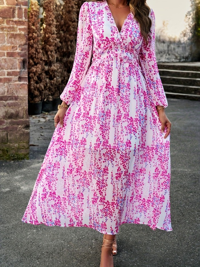Floral Print Maxi Dress, Casual V Neck Long Sleeve Dress, Women's Clothing