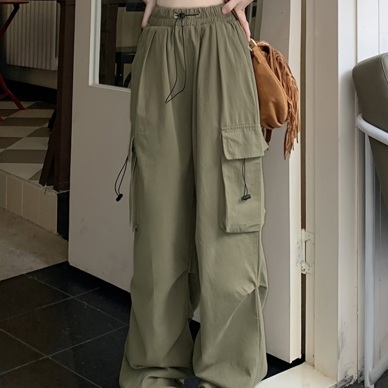 Flap Pockets Drawstring Cargo Pants, Casual Solid Loose Pants For Fall & Winter, Women's Clothing
