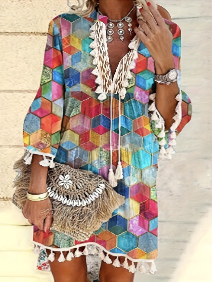 Retro Print Boho Dress, V Neck Tassels Casual Dress For Spring & Summer, Women's Clothing