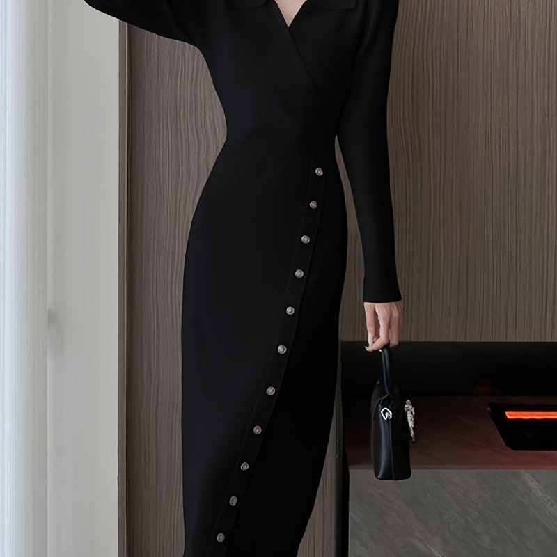 Surplice Neck Slanted Button Dress, Elegant Solid Long Sleeve Bodycon Dress, Women's Clothing