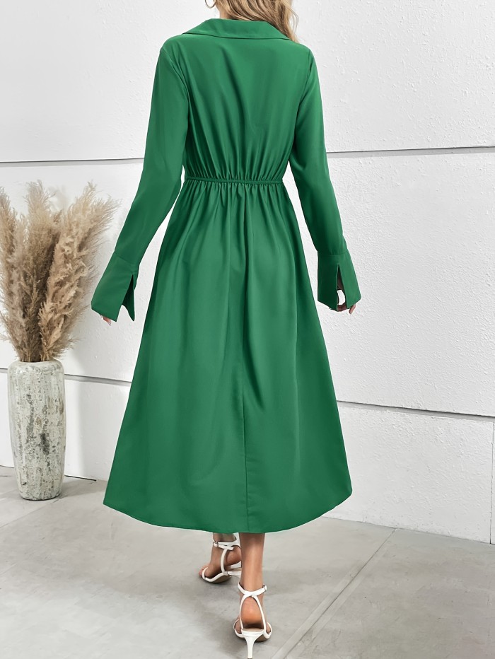 Solid Surplice Neck Dress, Elegant Long Sleeve Dress, Women's Clothing