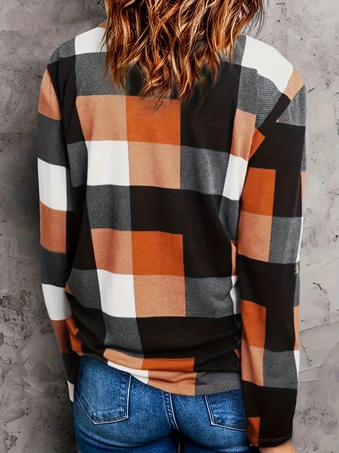 Plaid Pattern V Neck T-shirt, Casual Long Sleeve Top For Spring & Fall, Women's Clothing