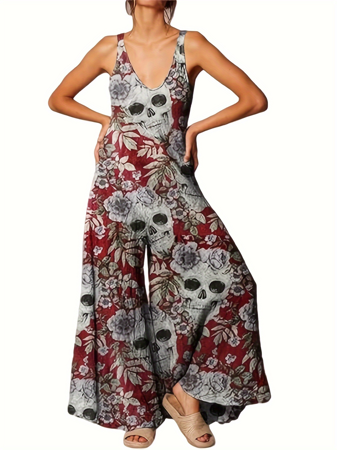 Skull pattern contrast high neck long sleeve jumpsuit