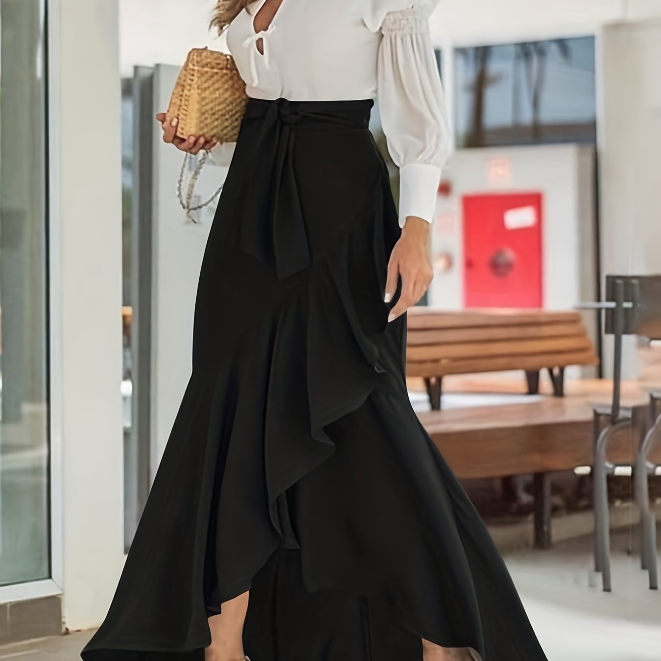 Satin Lace-Trim Asymmetrical Skirt main image 0