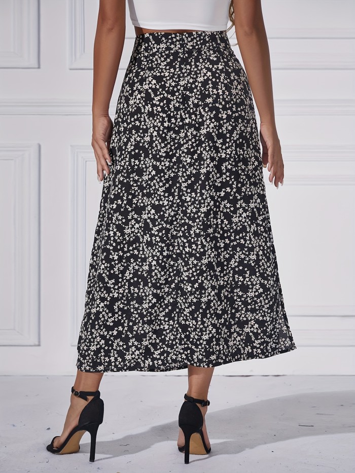 Floral Print Split Skirt, Elegant High Waist Midi Skirt, Women's Clothing