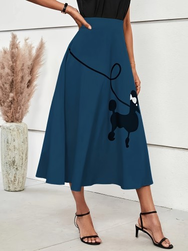High Waist Poodle Skirt, Casual Calf Mid A-line Skirt, Women's Clothing