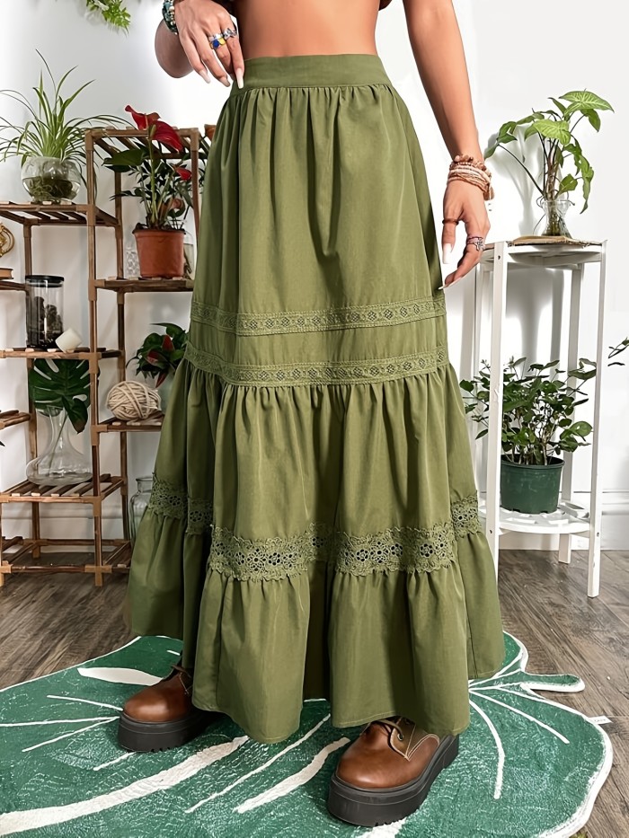 Lace Tiered Ruffle Hem Skirt, Elastic Waist Maxi Skirt, Women's Clothing