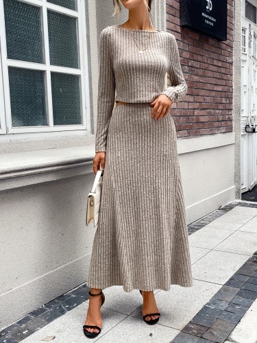 Casual Ribbed Two-piece Skirt Set, Crew Neck Long Sleeve Top & High Waist Skirts Outfits, Women's Clothing