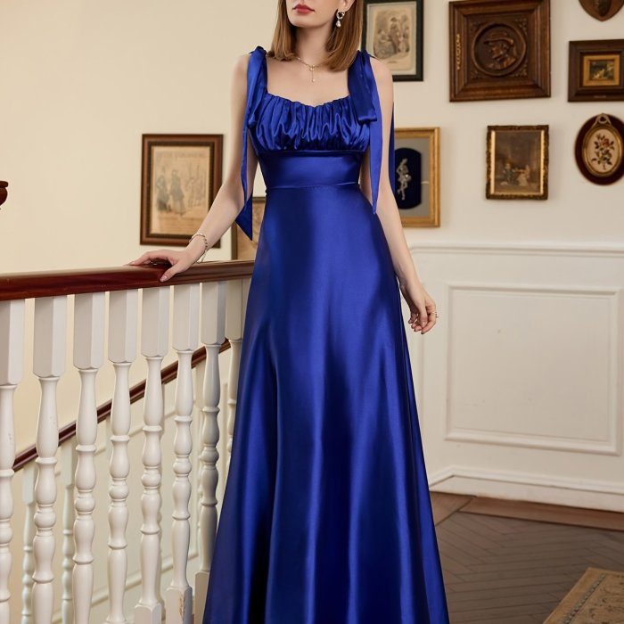 Elegant Satin Backless Bridesmaid Dress, Sleeveless Lace Up Ruched Waist Gowns Dresses For Wedding Party, Women's Clothing