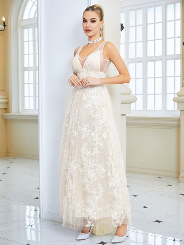 Contrast Lace Backless Wedding Dress, Elegant V Neck Sleeveless Maxi Dress For Wedding Party, Women's Clothing