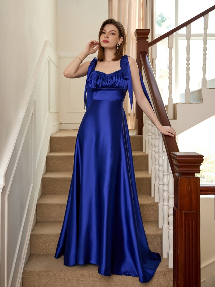 Elegant Satin Backless Bridesmaid Dress, Sleeveless Lace Up Ruched Waist Gowns Dresses For Wedding Party, Women's Clothing