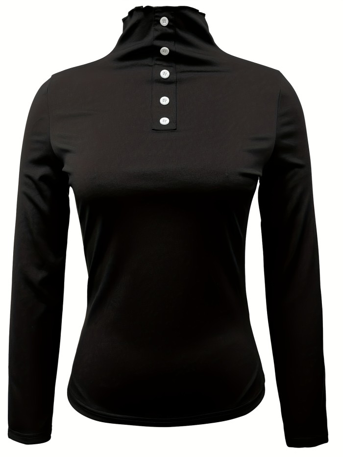 Button Front Mock Neck T-Shirt, Casual Long Sleeve Top For Spring & Fall, Women's Clothing