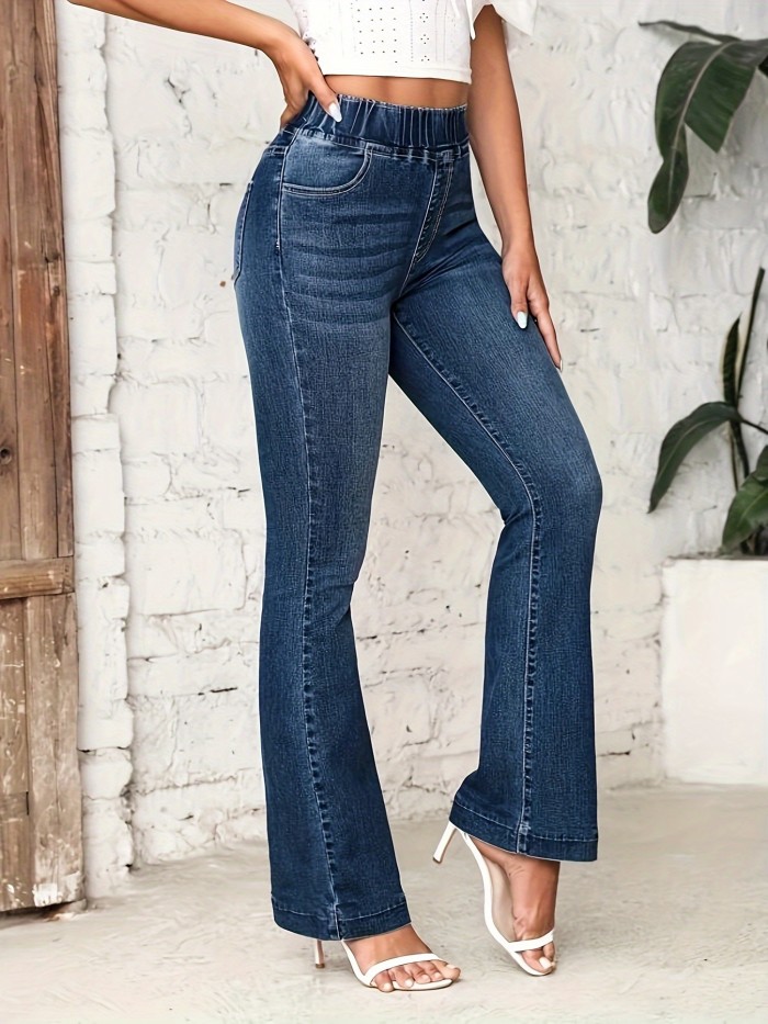 Elastic Waist Washed Flare Jeans, High Stretch Casual Bell Bottom Jeans, Women's Denim Jeans & Clothing