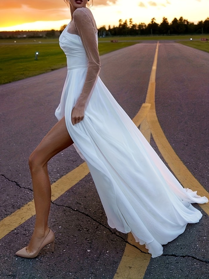 Split Thigh Solid Dress, Elegant Contrast Mesh Long Sleeve Maxi Party Dress, Women's Clothing