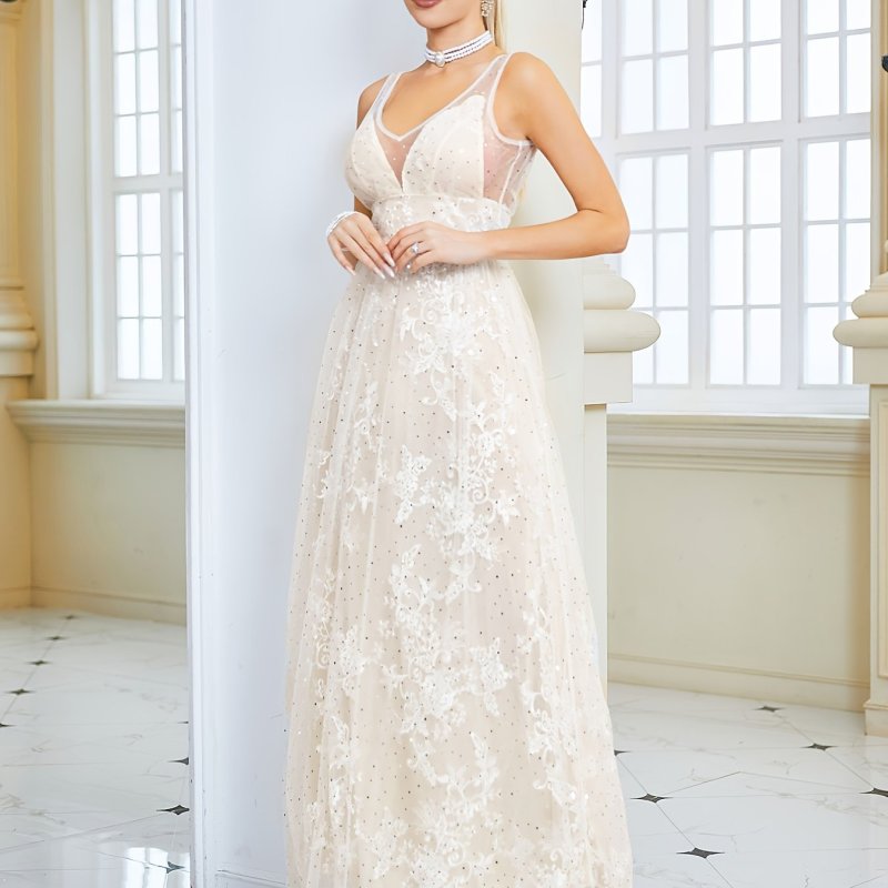 Contrast Lace Backless Wedding Dress, Elegant V Neck Sleeveless Maxi Dress For Wedding Party, Women's Clothing