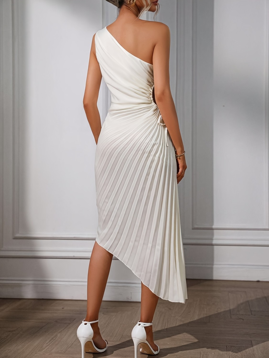 One-Shoulder Drawstring Pleated Dress
