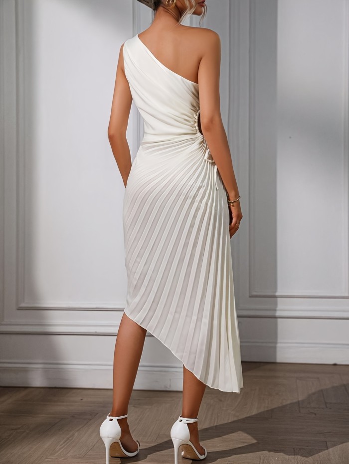 Pleated Asymmetrical Dress, Elegant One Shoulder Drawstring Solid Dress, Women's Clothing