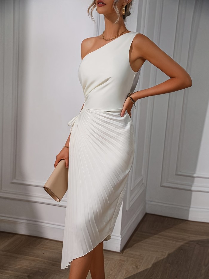 Pleated Asymmetrical Dress, Elegant One Shoulder Drawstring Solid Dress, Women's Clothing