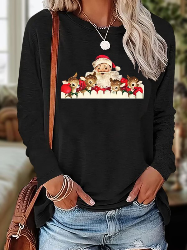 Christmas Santa Claus & Elk Print T-shirt, Casual Crew Neck Long Sleeve Top, Women's Clothing