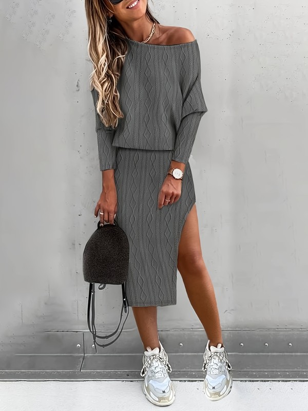 Textured Solid Two-piece Skirt Set, Crew Neck Long Sleeve Top & Slit Skirts Outfits, Women's Clothing