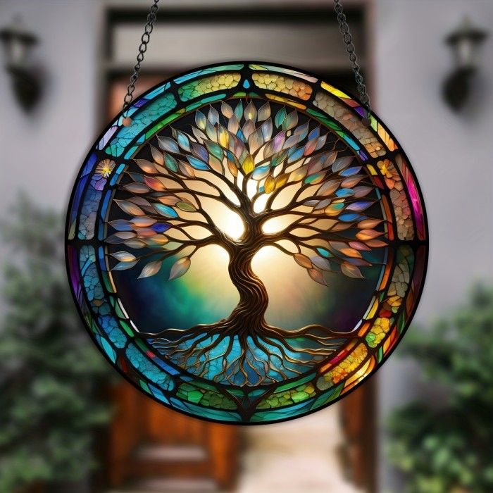 1pc Tree Of Life Suncatcher For Window, Stained Plastic Window Decor, Home Decor, Garden Decor, Thanksgiving Decor, Housewarming