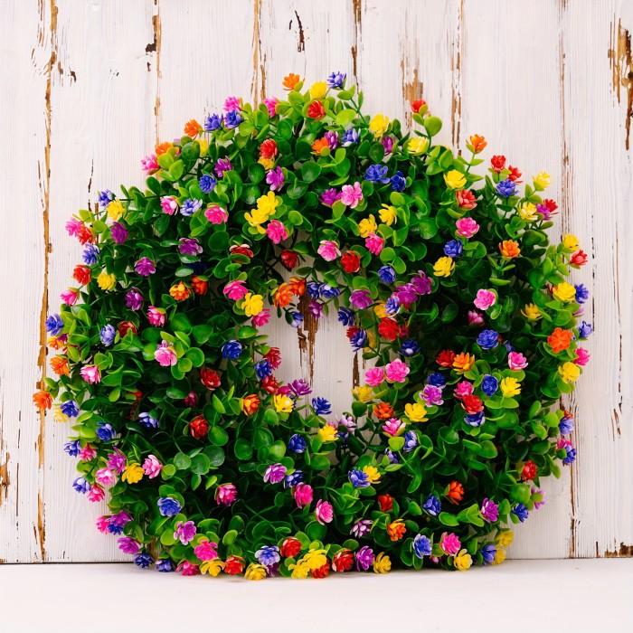1pc, Spring Wreaths Silk Artificial Rose Flower Wreath Colorful Flowers With Plastic Green Eucalyptus Leaves Farmhouse Outdoor Wreath For Home Front Door Summer Decor