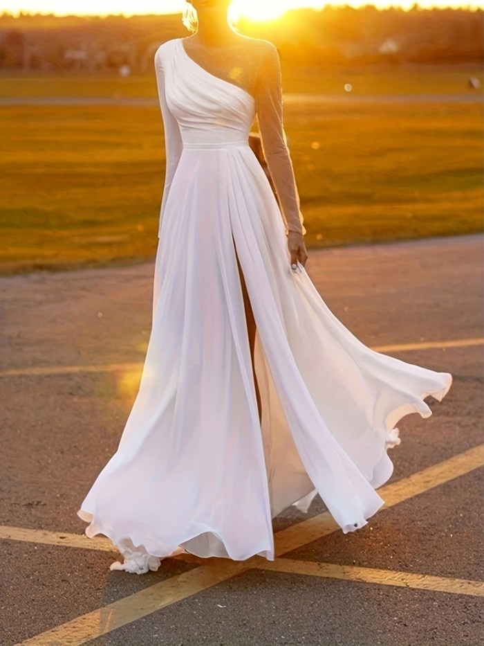 Split Thigh Solid Dress, Elegant Contrast Mesh Long Sleeve Maxi Party Dress, Women's Clothing