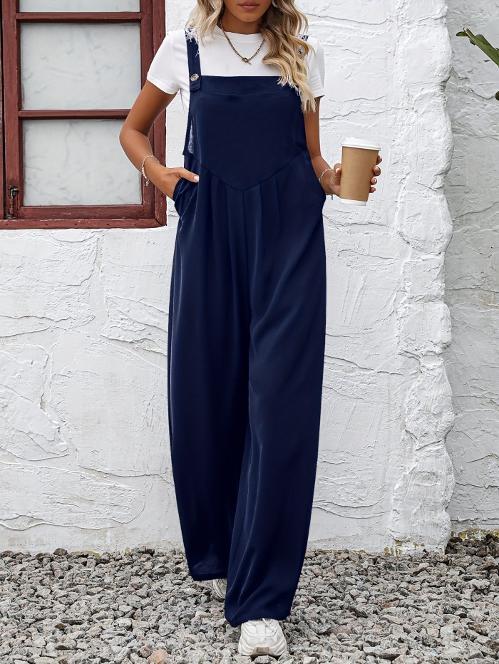 Solid Overall Straight Leg Jumpsuit, Versatile Button Overall Jumpsuit For Spring & Summer, Women's Clothing