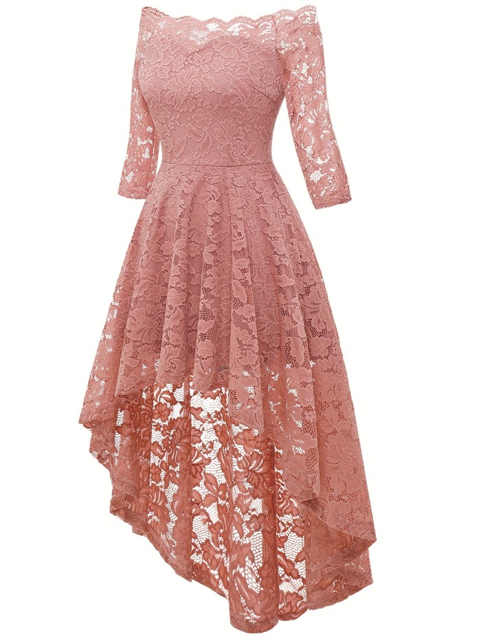 Cold Shoulder Lace Bridesmaid Dress, Elegant Scallop Trim Dress For Wedding Party, Women's Clothing