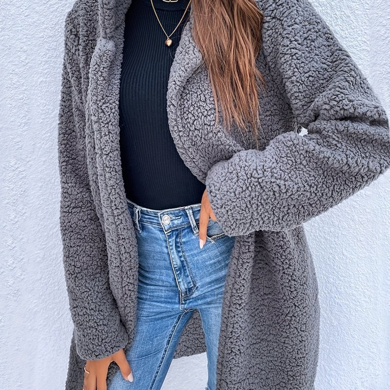 Solid Open Front Teddy Coat, Casual Long Sleeve Warm Outerwear, Women's Clothing