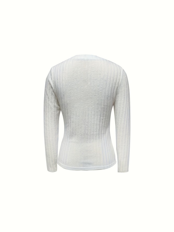Ribbed Button Decor T-Shirt, Elegant Long Sleeve Top For Spring & Fall, Women's Clothing