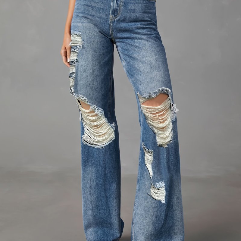 Plus Size Casual Jeans, Women's Plus Washed Ripped Button Fly High Rise Straight Leg Jeans
