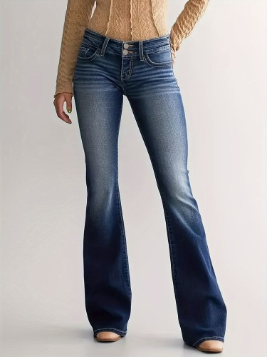 Double Button Whiskering Flare Jeans, Slant Pockets High Stretch Bell Bottom Jeans, Women's Denim Jeans & Clothing