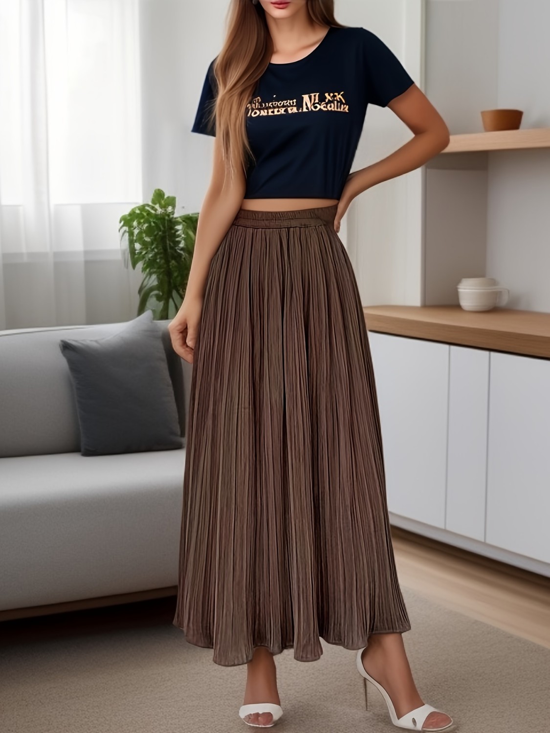 Solid High Waist Pleated Skirt, Elegant Midi Skirt For Fall & Winter ...